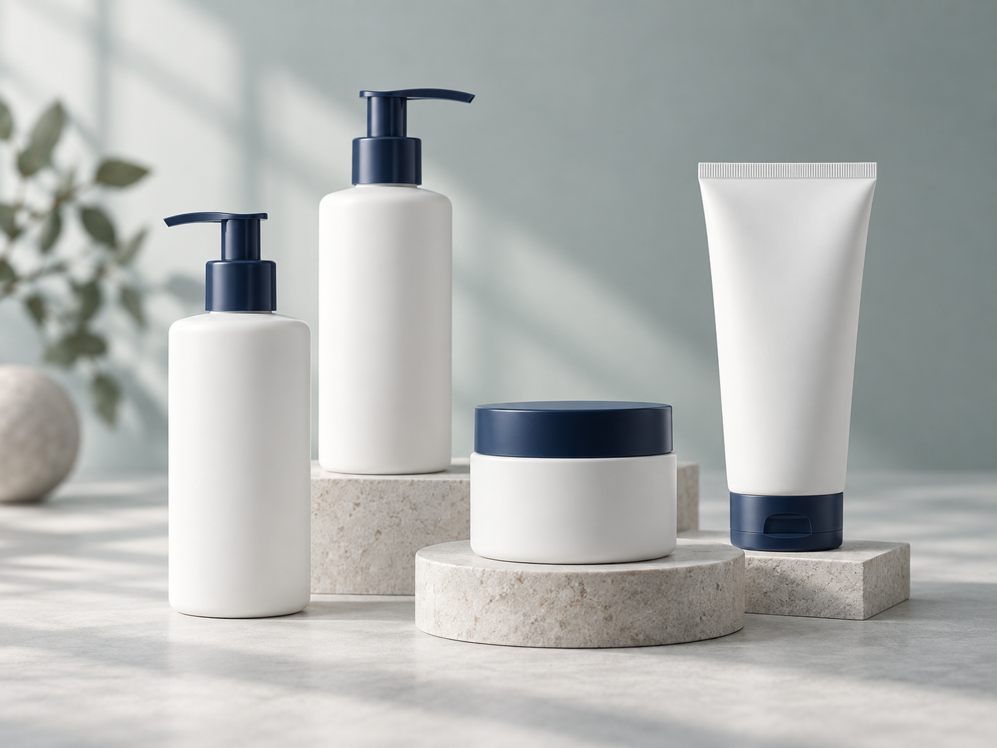 Skincare bottles and jars arranged on a clean neutral surface